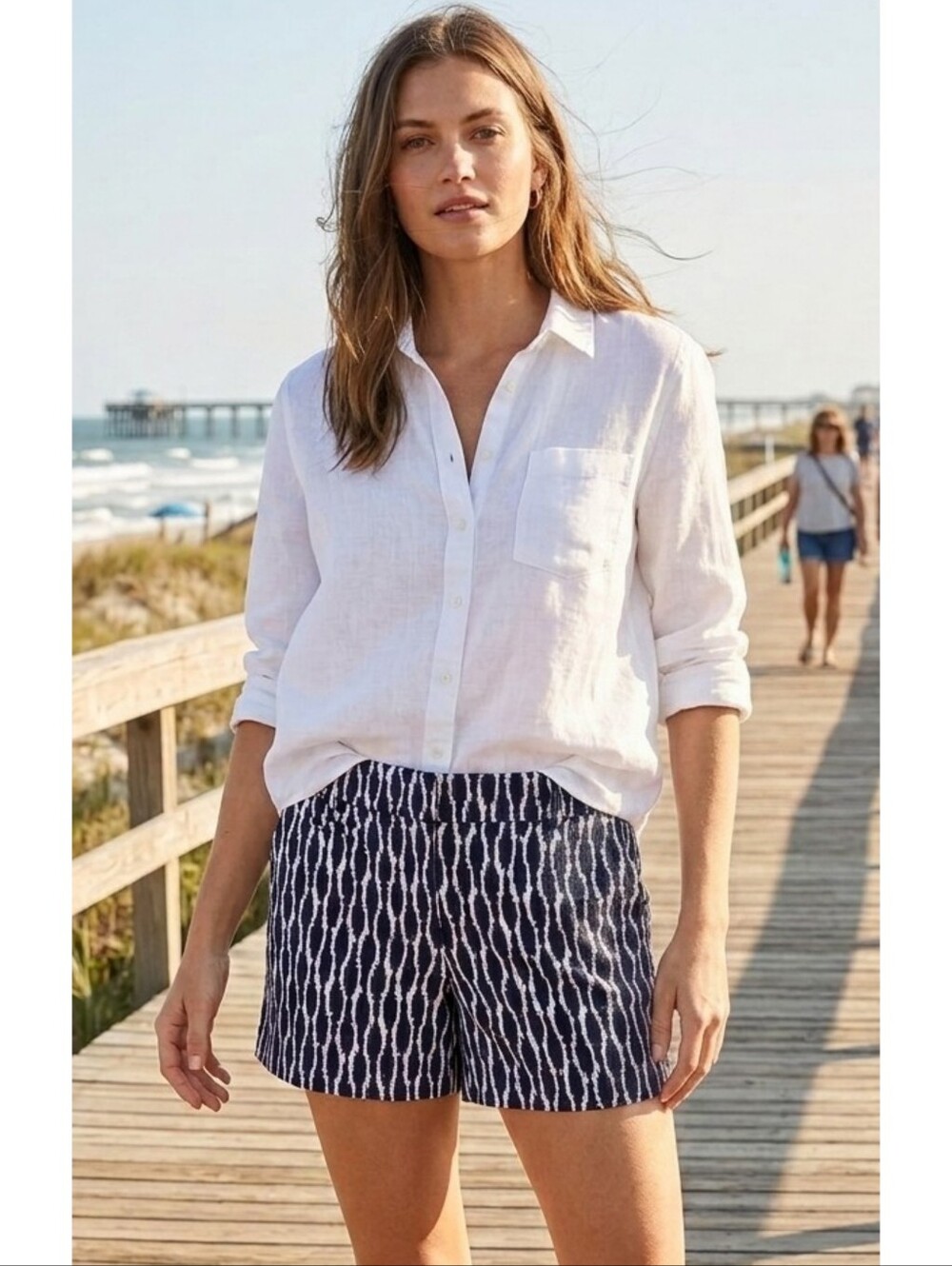 Loft The Riviera Textured Flat Front Shorts Navy & White Size 0